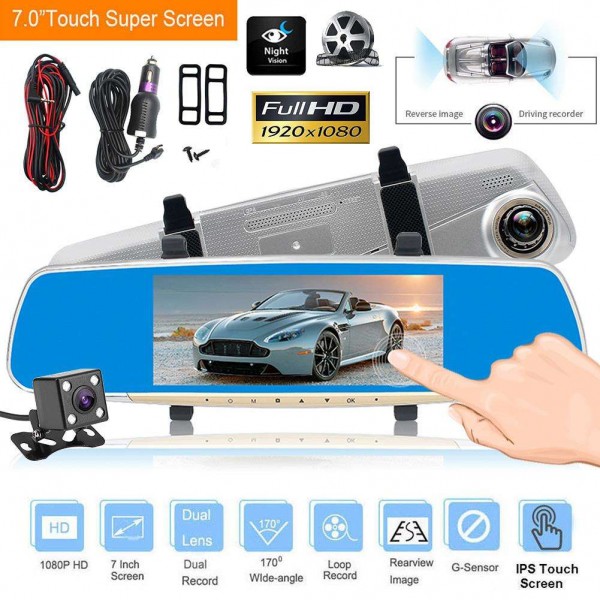 7in LCD Dual Lens 1080P Car Rearview Mirror DVR Camera G-sensor Dash Cam