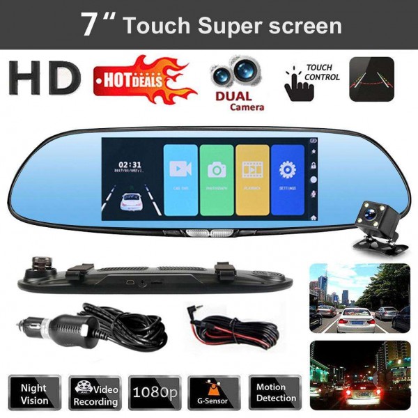 V37 120 Degree Rear Mirror Car Camera 7 Inch 1080P 12MP Night Vision Dash