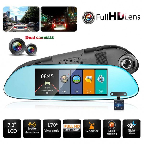 Anytek T80 7in 1080P Car Rearview Mirror DVR Camera Night Vision Dash Cam