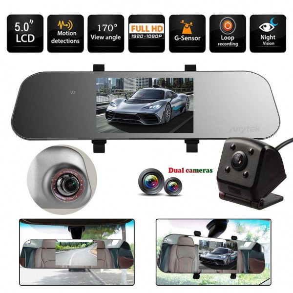 Anytek A80+ 5in Dual Lens 1080P Car Rearview Mirror DVR Camera Dash Cam