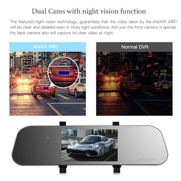 Anytek A80+ 5in Dual Lens 1080P Car Rearview Mirror DVR Camera Dash Cam