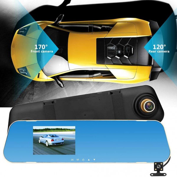 V40 3.8in Dual Lens 1080P Car Rearview Mirror DVR Camera G-sensor Dash Cam