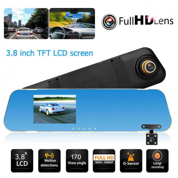 V40 3.8in Dual Lens 1080P Car Rearview Mirror DVR Camera G-sensor Dash Cam