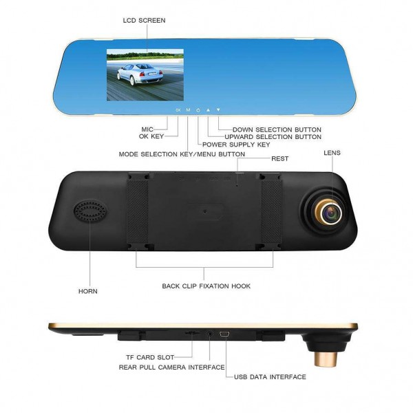 V40 3.8in Dual Lens 1080P Car Rearview Mirror DVR Camera G-sensor Dash Cam