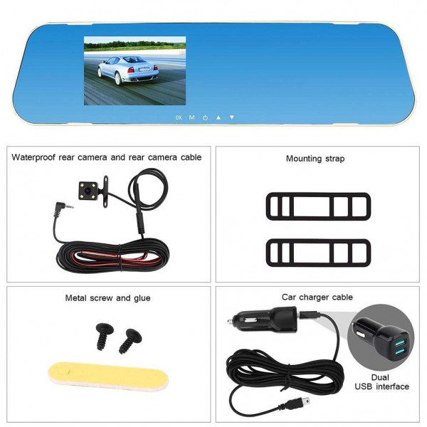 V40 3.8in Dual Lens 1080P Car Rearview Mirror DVR Camera G-sensor Dash Cam