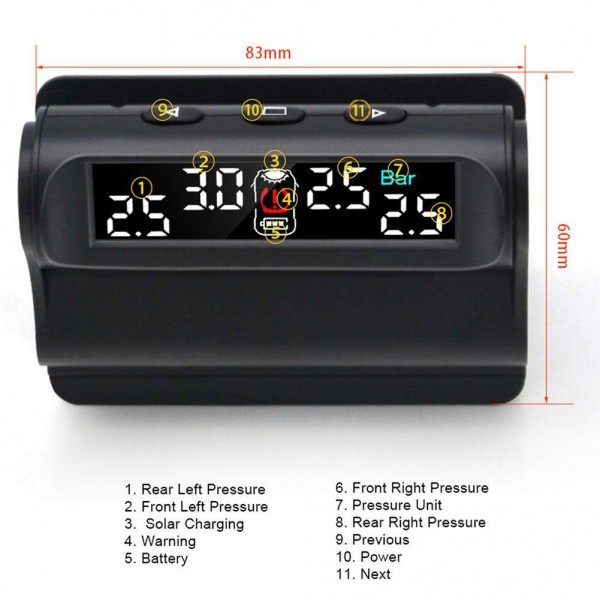 JUNSUN Solar Car TPMS Tire Pressure Monitoring System w/ 4 Internal Sensors