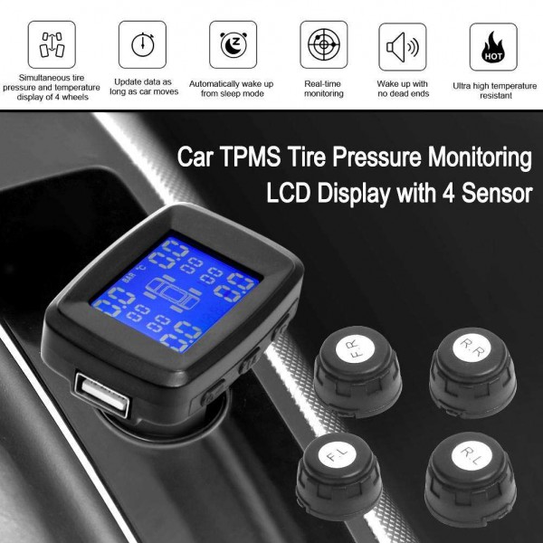 Car Wireless TPMS Tire Pressure Monitoring System LCD Display with 4 Sensor