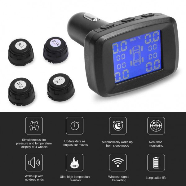 Car Wireless TPMS Tire Pressure Monitoring System LCD Display with 4 Sensor